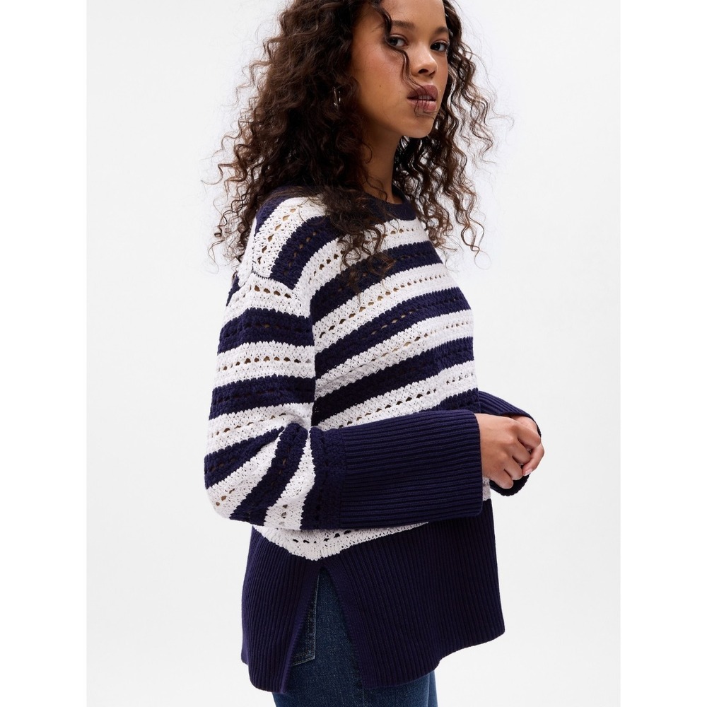 New GAP Crochet Knit Sweater Women XS Navy Oversized Coastal Nautical Preppy $69
